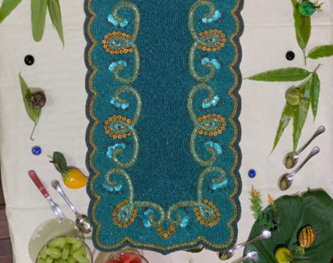 Turquoise Blue Table Runner/ Handmade Table Runner/ Beaded Etsy