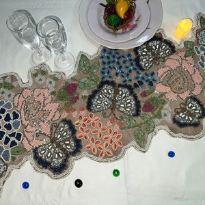 Burlap Butterflies Table Runner, Multicolor Floral Table Topper,  Beaded Tableware 13X36 Inch