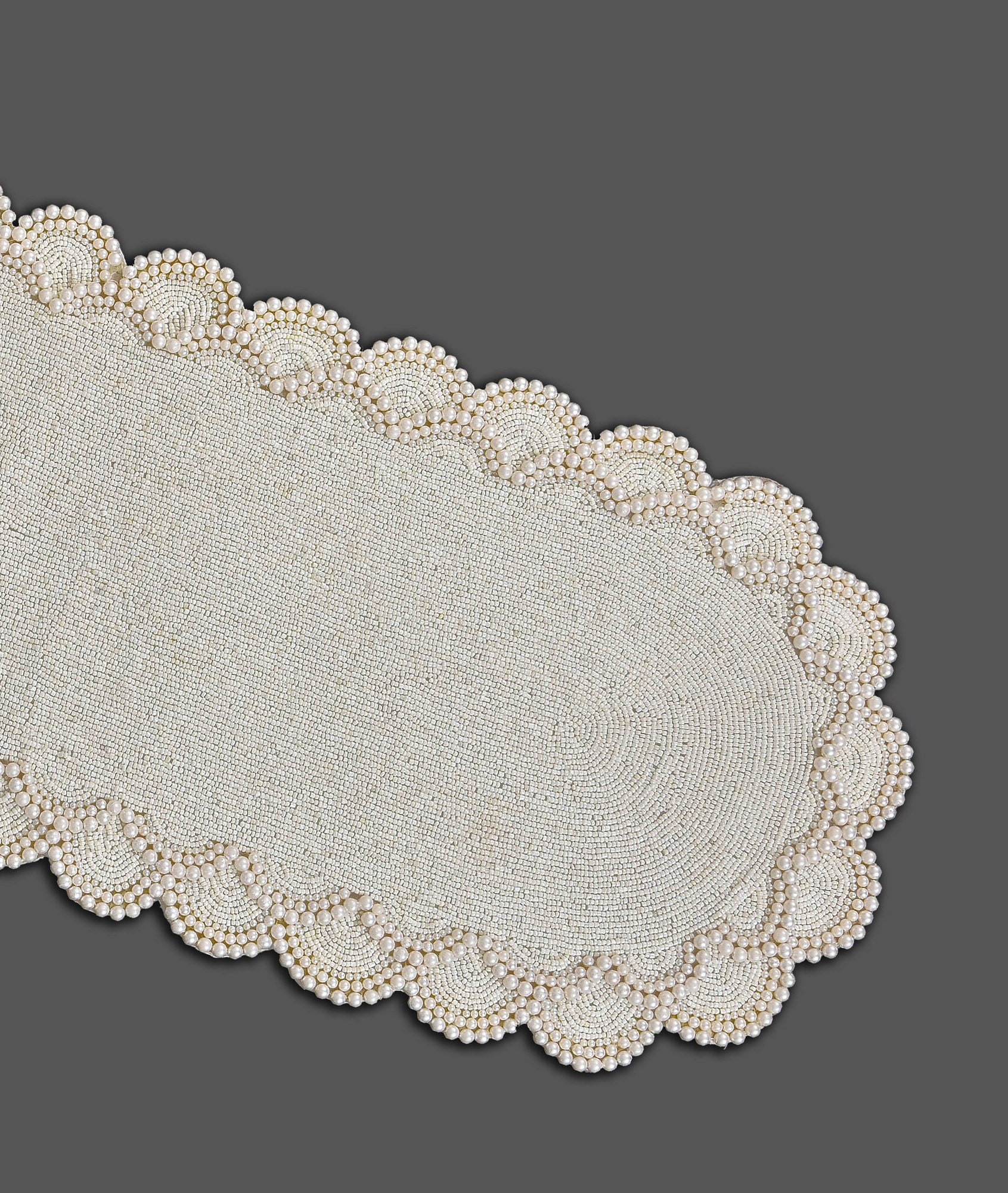 White Pearls And Beads Table Runner, Handmade Scallops Design Table Topper, Wedding Tableware 13X36 Inch