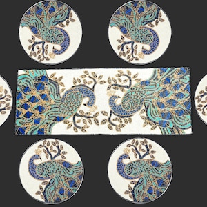 Peacock Design 13 pieces Dining Set, Handmade Beads Runner and placemats with Coasters