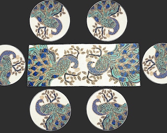 Peacock Design 13 pieces Dining Set, Handmade Beads Runner and placemats with Coasters