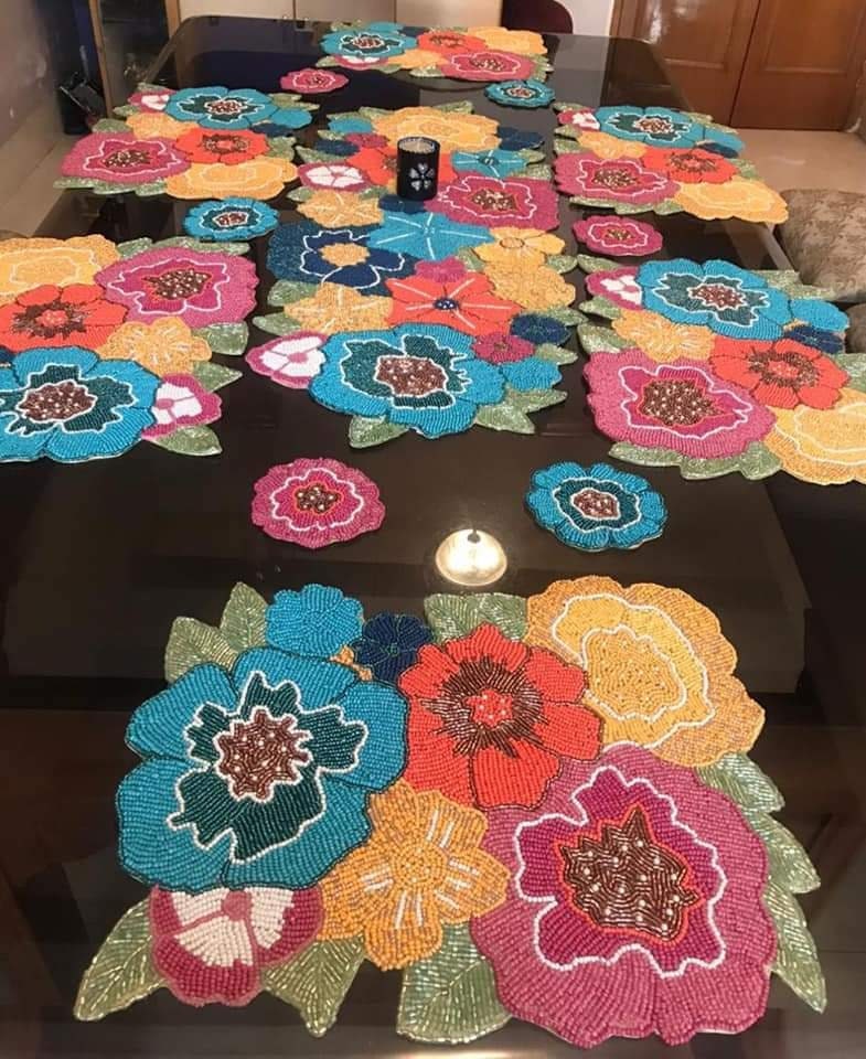 Handmade Beads Table Runner And Placemat Set With Coaster,  Multicolor Floral 13 pieces Dining Set, Designer Spring Tableware