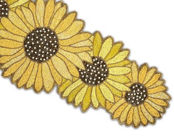 Handmade Beaded Sunflower Table Runner, Spring Dining Decor (13X36 Inches)
