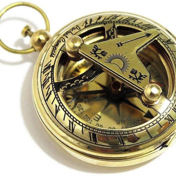 Handcrafted antique brass sundial compass nautical old vintage push button pocket compass collectible