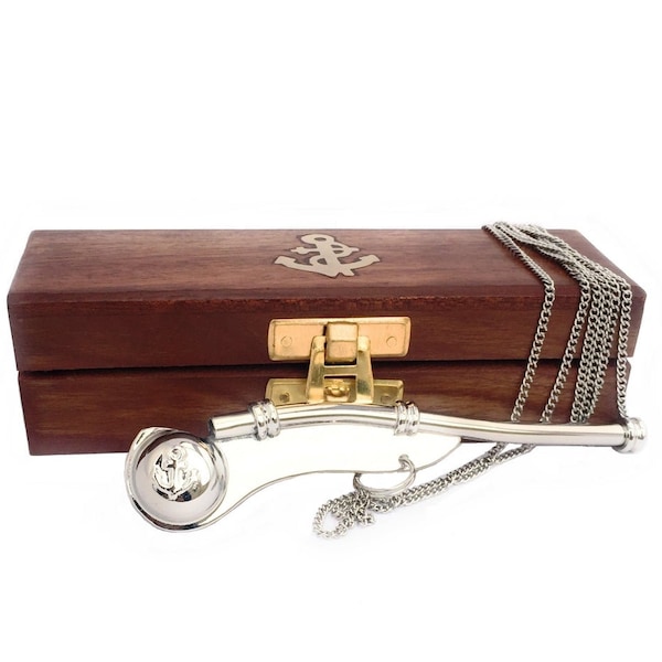 Nautical nickel plated brass boatswain/bosun pipe whistle chain with wooden box pirate décor collection