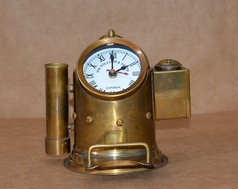 Antique vintage brass binnacle 7" clock & pen holder nautical Maritime desk top clock replica home decor