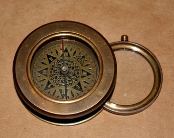 Antique brass compass 2.75" with folding magnifying glass magnifier map reader pocket compass gift