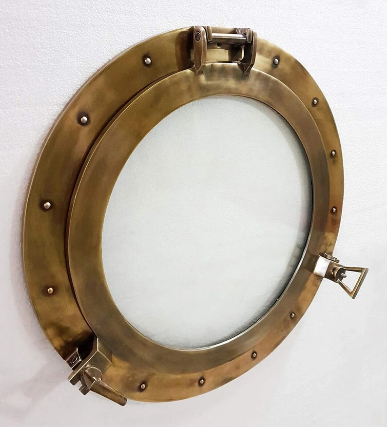 thumbnail image 2 of 24" Antique Finish Canal Boat Porthole Window – Aluminum, Glass, Steel – Handmade USA 2 of 6