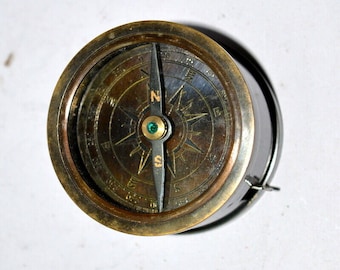 Antique vintage brass 2" compass and measuring tape handcrafted collectible nautical replica