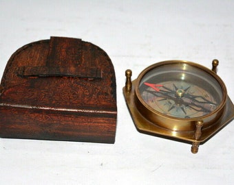 Antique vintage brass 2" maritime calendar hexagon compass with leather case