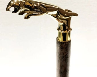 Wooden Walking Stick Brass Jaguar Handle Cane Leather Handmade Stick Cane