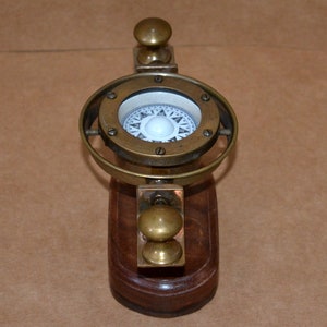 Antique brass gimbal compass ship's binnacle gimballed compass & wooden base good gift image 8