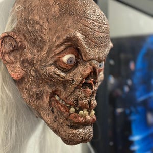 May include: A detailed, weathered mask of a grotesque, undead face. The mask features a decaying complexion with exposed teeth, sunken eyes, and long, white hair. The color palette includes shades of brown, red, and white, creating a spooky aesthetic.