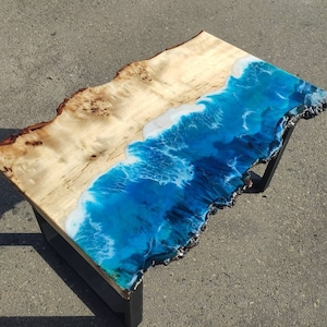 Custom Wave Epoxy Resin Table, Dining Wood Table, Blue Epoxy Coffee Table, Coffee Table, Kitchen Table, Blue Epoxy Resin, Handmade Table