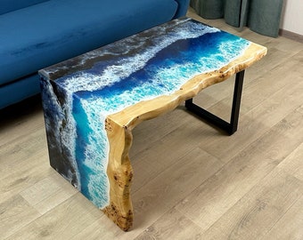 Mesa de centro en cascada con ola oceánica, mesa de sala de estar, mesa de resina epoxi de borde vivo personalizada, mesa de madera, muebles de resina epoxi hechos a mano