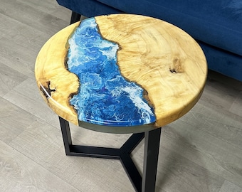 Mesa auxiliar oceánica, mesa de resina epoxi, mesa de madera pequeña, mesa de muebles de sala de estar, mesa de centro de borde vivo, mesa de centro epoxi de resina oceánica