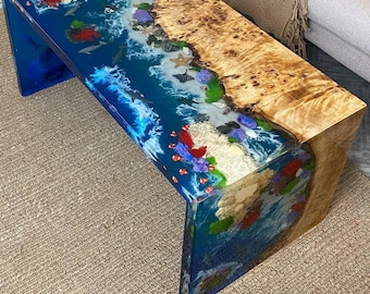 Custom Furniture Koi Fish Epoxy Resin Table, Live Edge Ocean Desk, Aquarium Coffee Table