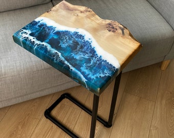 Epoxy Resin C-Table, Ocean Wave Wooden Table, Hand Crafted Table, Sofa Table, Food Tray, Epoxy Resin Table, Stainless Steel C Table