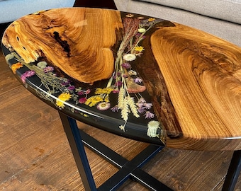 Oval Live Edge Coffee Table with Dried Flowers, Bespoke Floral Epoxy Furniture