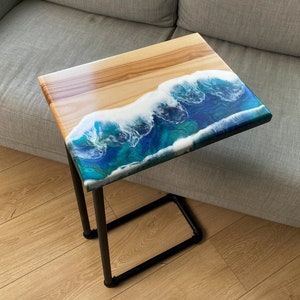 Ocean Wave C Shaped Side End Table, Modern Sofa Side Table, Small Coffee Table, Epoxy Resin Couch Arm Table, Couch Laptop Table, Furniture