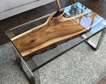 Epoxy Coffee Table with Clear Resin, clear epoxy table, resin end table, walnut resin table,live edge coffee,live edge wood,Live edged Table