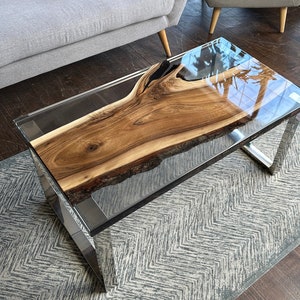 Epoxy Coffee Table with Clear Resin, clear epoxy table, resin end table, walnut resin table,live edge coffee,live edge wood,Live edged Table