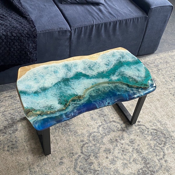 Live Edge Coffee Table with U Shaped Legs, Solid Wood Epoxy Resin Coffee Table, Mid century Modern Custom Epoxy Table, Handmade Furniture