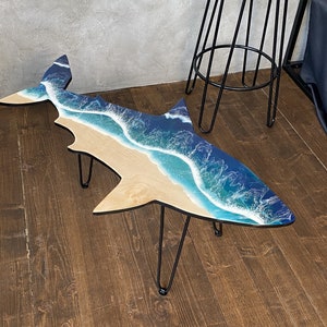 Shark Epoxy Coffee Table, Ocean Wave Walnut Table, Beach House Decor image 1
