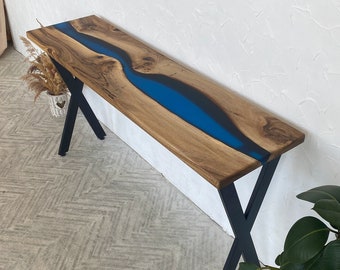 Epoxy Resin Console Table, Handmade Furniture, River Console Entryway Table, Narrow Table, Rustic Console Table, Wood Live Edge Table