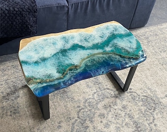 Mesa de centro Live Edge con patas en forma de U, mesa de centro de resina epoxi de madera maciza, mesa epoxi personalizada moderna de mediados de siglo, muebles hechos a mano