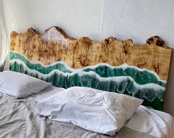 Custom made epoxy resin and wood Headboard, Live Edge Wooden Headboard, King Bed Headboard, Beach Cottage, Bedroom Decoration, Resin Art