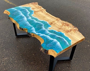 Custom Slab Wood Desk with Blue Waves, Rustic Coastal Living Room Furniture