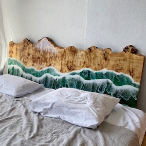 Custom made epoxy resin and wood Headboard, Live Edge Wooden Headboard, King Bed Headboard, Beach Cottage, Bedroom Decoration, Resin Art image 1