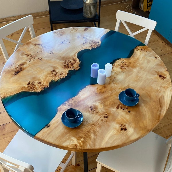 Table à manger ronde en résine époxy, Table de cuisine ronde époxy personnalisée, Table River, Table de salle à manger, Table époxy Blue River, Table en bois de noyer