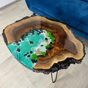 Epoxy Ocean Resin Coffee Table, Live Edge Wood Coffee Table with Sea Animals, Wood & Resin Side Table, Wooden Art Furniture for Living Room