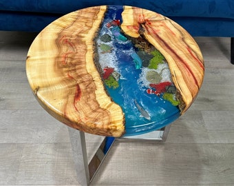 Mesa auxiliar de centro epoxi con vida marina, mesa de centro redonda, mesa redonda oceánica, mesa auxiliar única, mesa de resina epoxi Ocean Wave