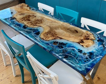 Walnut Blue Epoxy Dining Table, Made to Order Resin Art River Dine, Custom Handmade Dine, Living Room, Dining Table, Kitchen Table