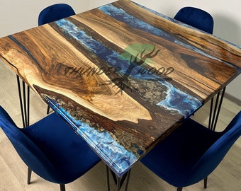 Square Epoxy River Dining Table, Straight Edge Walnut Wood Handmade Furniture