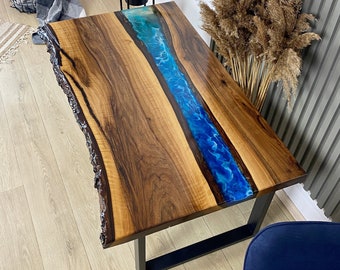Blue Epoxy Table, River Resin Table, Live Edge Desk, Wooden Coffee Table, Sofa Side Table, Modern Resin Wood Furniture for Living Room