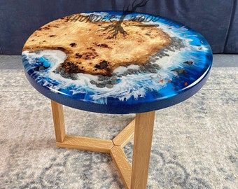 Table ronde bleue en époxy, Table en résine de style océan, Table basse époxy océan, Table basse époxy faite main, oeuvre d'art en résine, meubles de salon