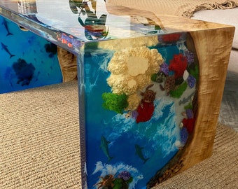 Waterfall Epoxy Table, Epoxy Resin Art, Blue Epoxy Resin Ocean Sea Living Room Table, Custom Aquarium Table, Customizable Handmade Table