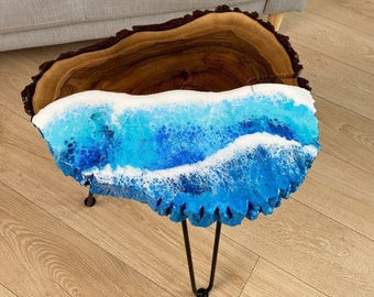 Mesa de madera de losa con patas de horquilla, mesa Ocean Wave, mesa de centro moderna, mesa de resina epoxi, mesa tipo loft de madera, mesa con tres patas