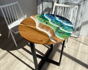 Mesa de resina epoxi personalizada, mesa redonda oceánica, mesa de comedor, mesa de sala de estar, mesa epoxi oceánica, mesa de comedor ART Waves de resina