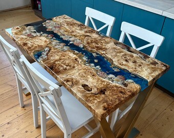 Tavolo da pranzo in legno epossidico con conchiglie di mare, tavolo da cucina in legno epossidico oceanico, tavolo da pranzo in legno rustico, tavolo rustico da pranzo personalizzato, tavolo da pranzo di recupero