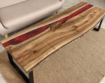 Low Living Room Table, Red River Epoxy Resin Table, Coffee Table, Live Edge Dining Table, Dining Epoxy  River Table, Handmade Custom Table