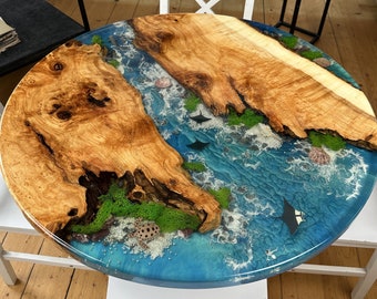 Epoxy Round Dining Table, Resin Kitchen Table, Blue Epoxy Dine Table, Resin Art, Living Room Furniture, Table Koi Fish, Ocean Round Table
