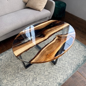 Ultra Clear Resin Epoxy Table, Coffee Table, Wooden Oval Table, Side Epoxy Table, River Epoxy Wood Table, Handmade Table, Living Room Table