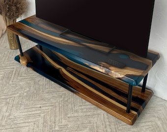 Epoxy Resin Wood TV Stand with Storage, Console Stand Shelf for Tv Unit Furniture, Handmade Media Stand, Open Storage for Living Room