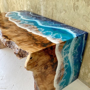 Ocean Wave Table, Waterfall Live Edge Dining Table, Reclaimed Wood Table, Farmhouse Dining Table, Ocean Table, Entryway Table image 1