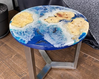 Mesa de centro redonda de resina epoxi hecha a mano, mesa auxiliar única, mesa oceánica moderna de mediados de siglo con patas de metal, muebles de sala de estar